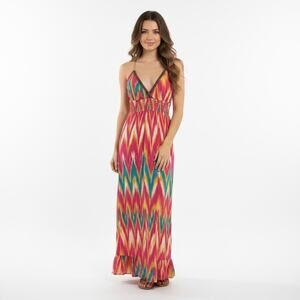Ocean Club Ikat Maxi Dress Sequin  Halter Boho Beach 12 Resort Smocked Cotton